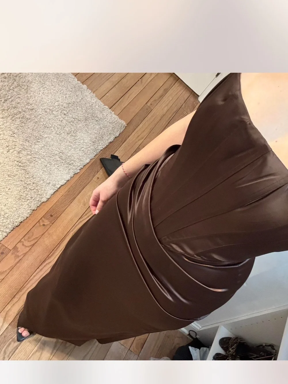 Bardot One-Shoulder Brown Satin Evening Gown - Picture 2 of 3